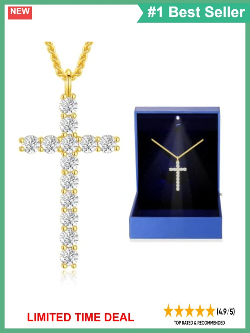 Moissanite Cross Pendant Necklace 925 Sterling Silver Gold Plated Gift
